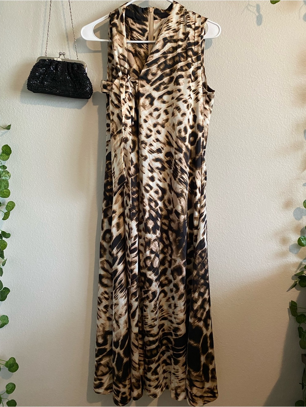 Leopard Print Satin Dress in Beige and Black